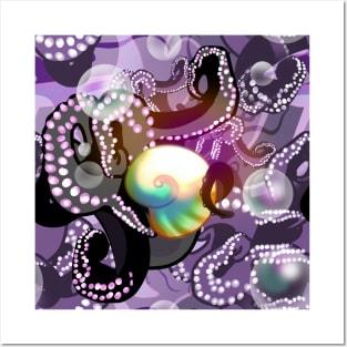 Purple and black octopus tentacles iridescent seashell rainbow bubble shimmer Posters and Art